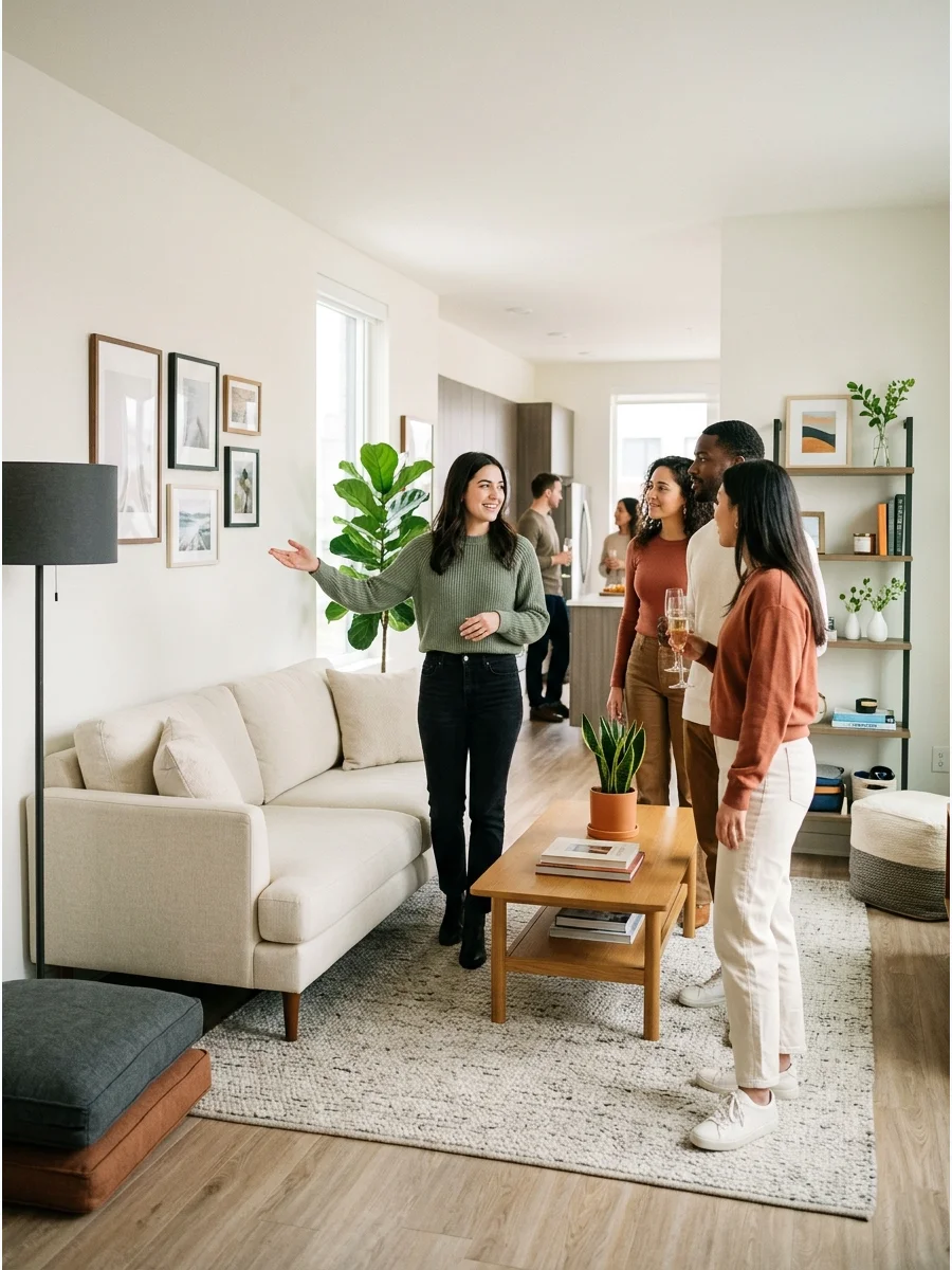 A person showing their new apartment bedroom to a small group of friends.