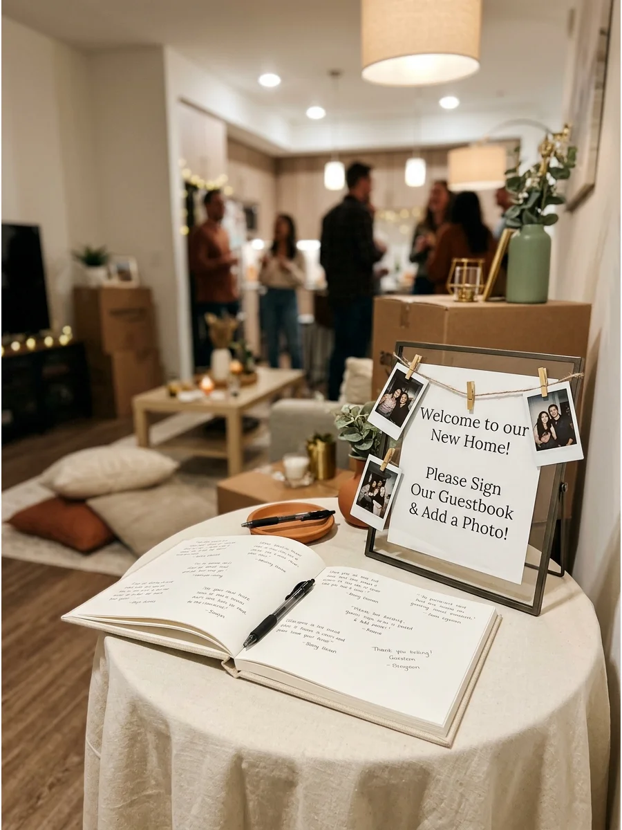 An open guestbook with a few handwritten messages on a table.