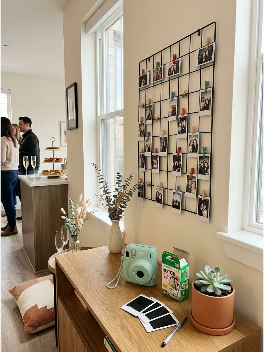 A wire wall grid with instant photos clipped to it in a living room.