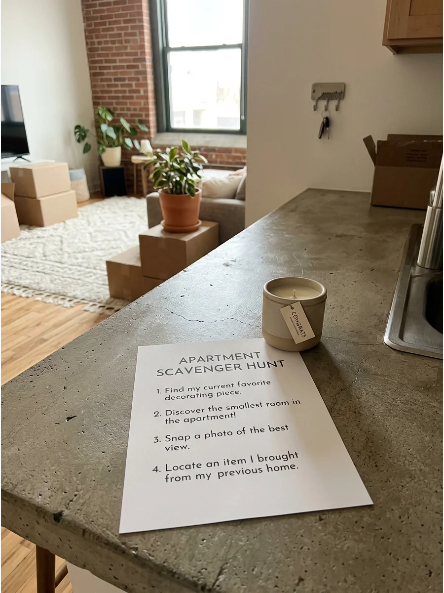 A simple paper scavenger hunt list sitting on a kitchen counter.