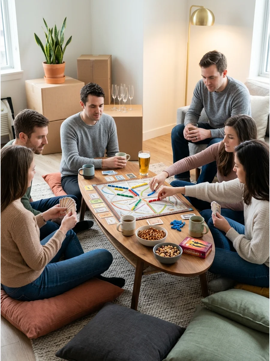 People playing a card game around a low coffee table in an apartment.