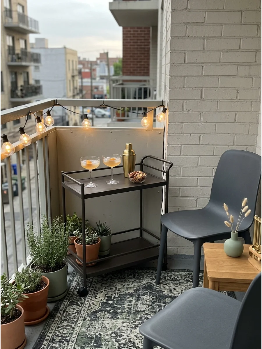 A bar cart with drinks and lights on a small city balcony.