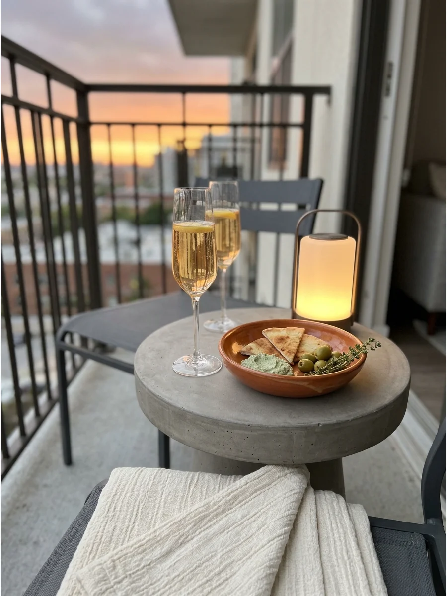 Guests enjoying drinks on an apartment balcony during sunset.