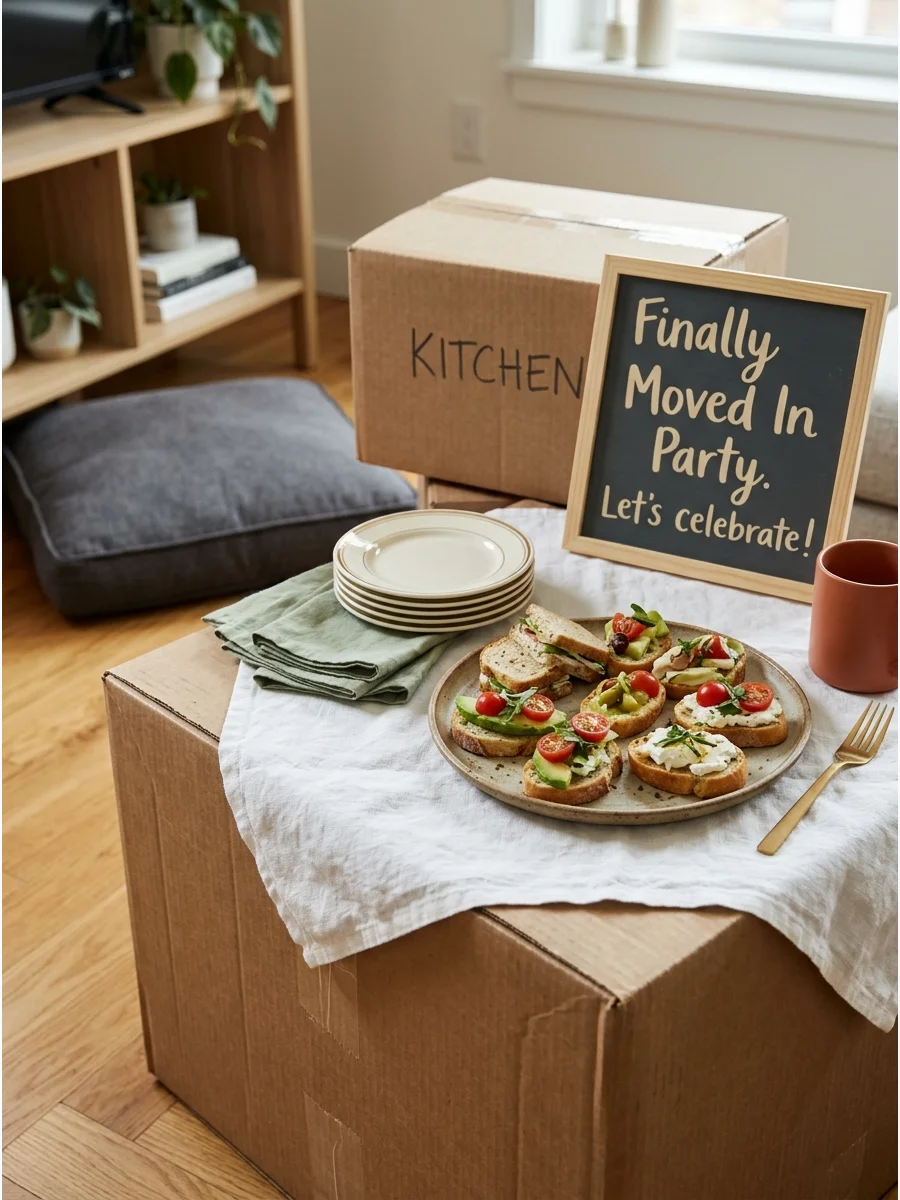 A moving box used as a table with a white cloth and a tray of food.