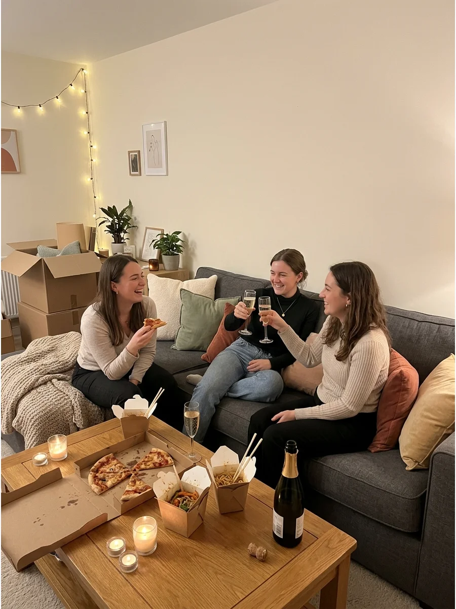 A small group of friends eating takeout in a cozy studio apartment.