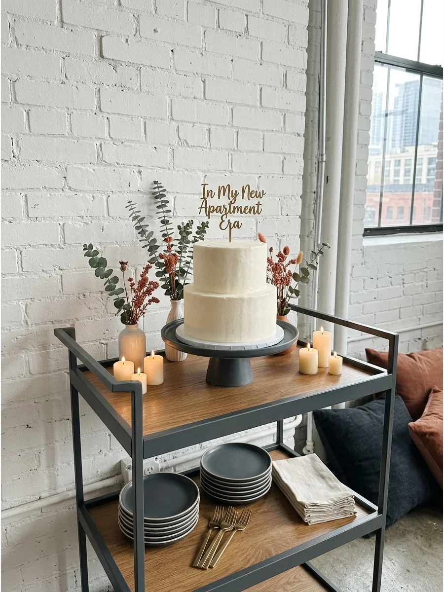 A stylish bar cart with a cake and gold decor in an urban loft.