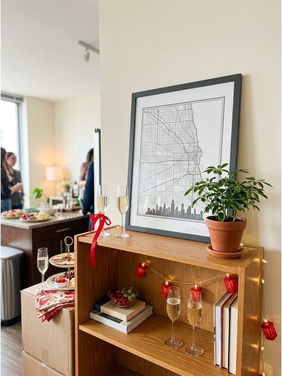 A framed city map and a small potted plant on a wooden shelf.