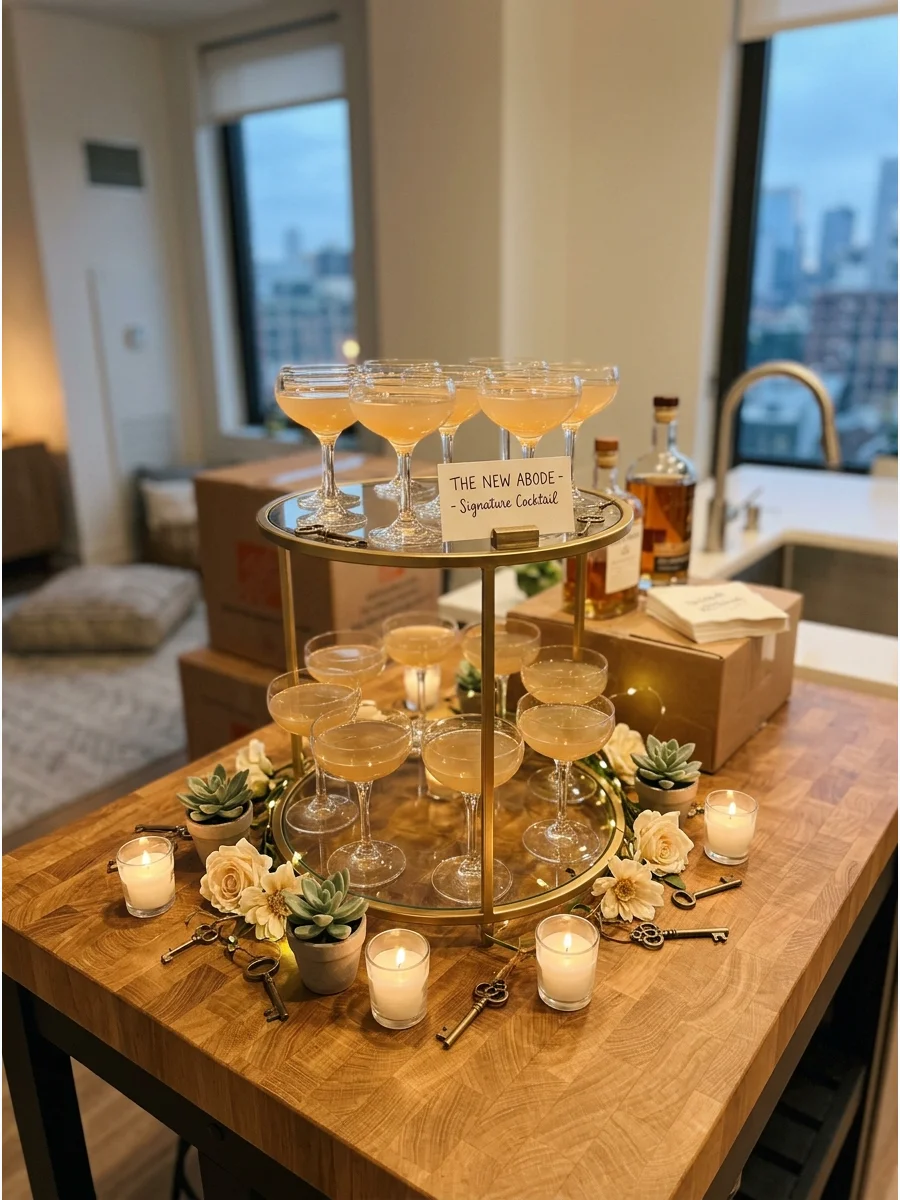 A vertical cocktail display on a kitchen island with gold accents.