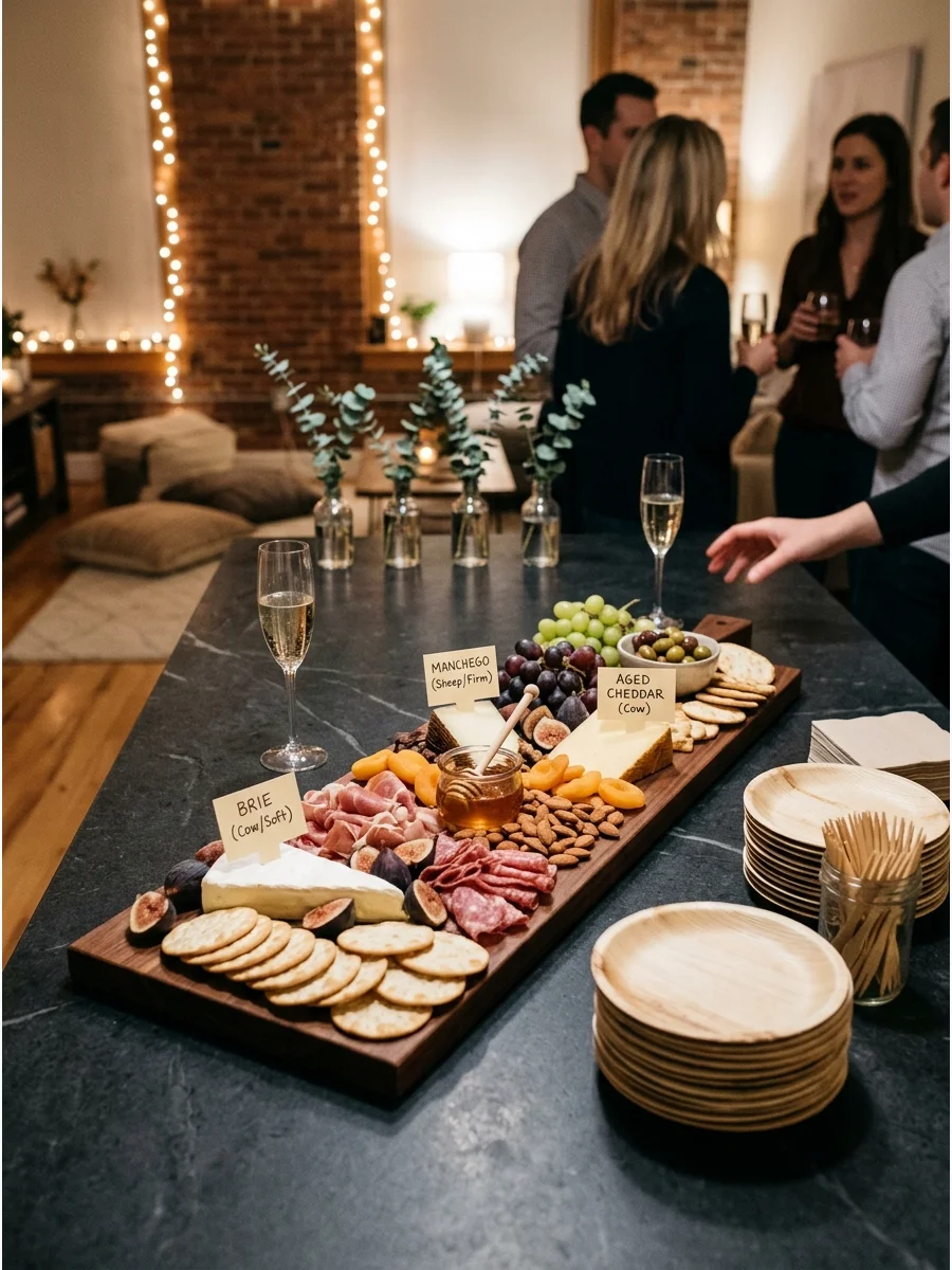 A wooden board with cheese, crackers, and fruit on a dining table.