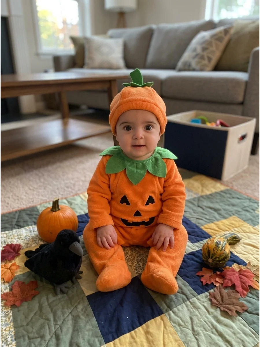 Little Pumpkin Costume. Dress your baby in a soft orange pumpkin romper with a green leaf collar and matching hat. This classic first-Halloween costume is especially cute for photo