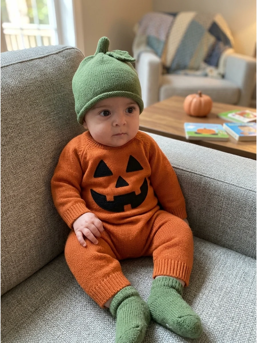 Baby Jack-O’-Lantern Costume. Dress the baby in an orange sleeper with a smiling jack-o’-lantern face on the front. Add green socks or a soft stem hat to complete the cheerful Hall