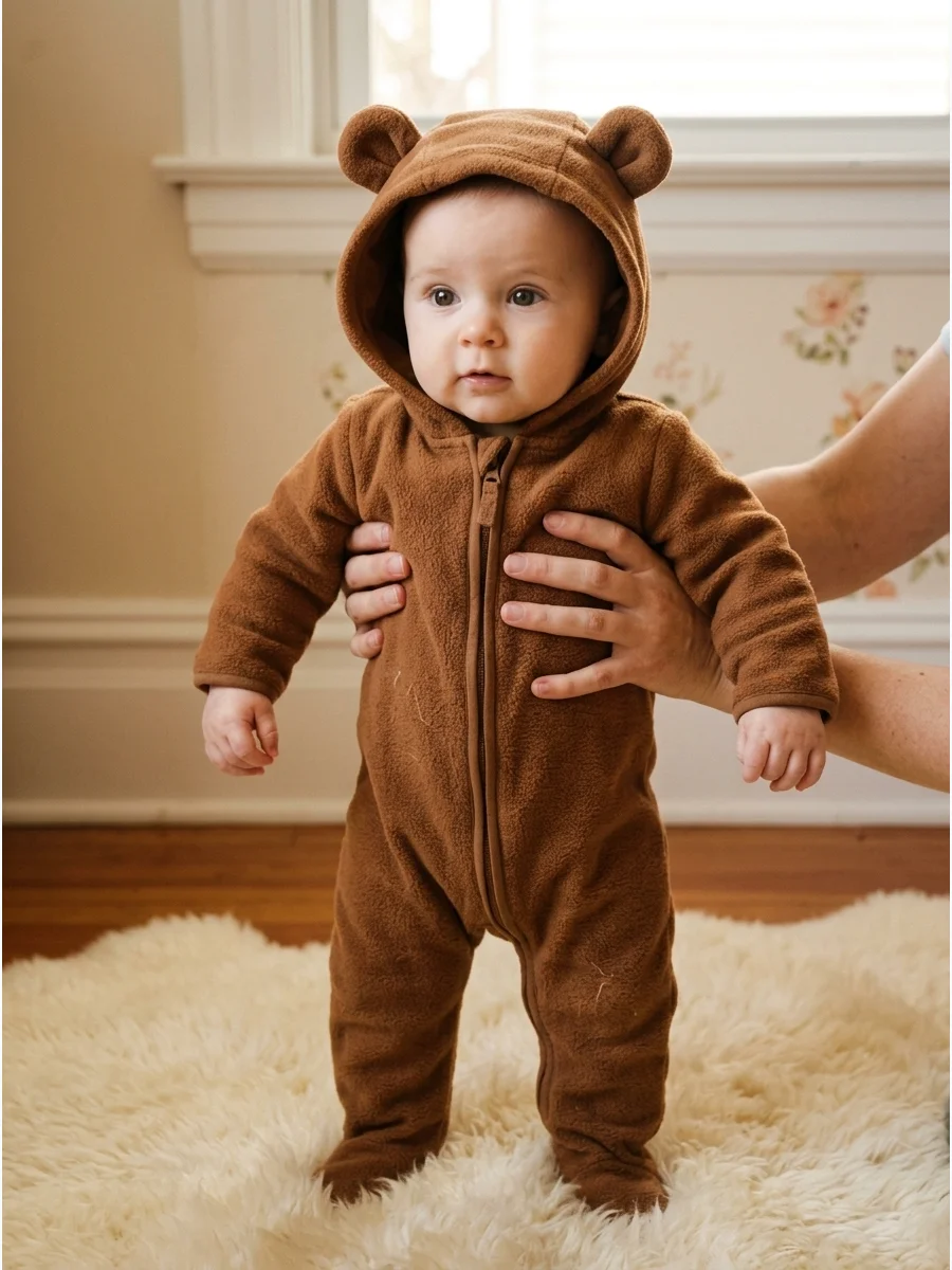 Baby Bear Costume. Choose a warm brown hooded romper with rounded fabric ears. This cozy costume works particularly well for cooler Halloween weather. Baby’s First Halloween Costum