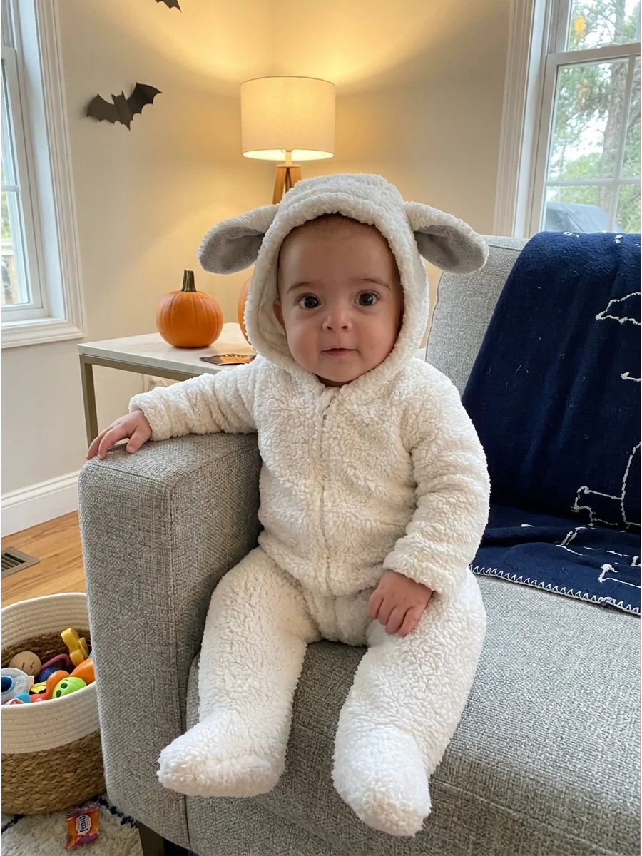 Little Lamb Costume. Dress the baby in a white fuzzy romper with soft gray or beige ears. Keep the material lightweight around the face so the baby does not become too warm. Baby’s