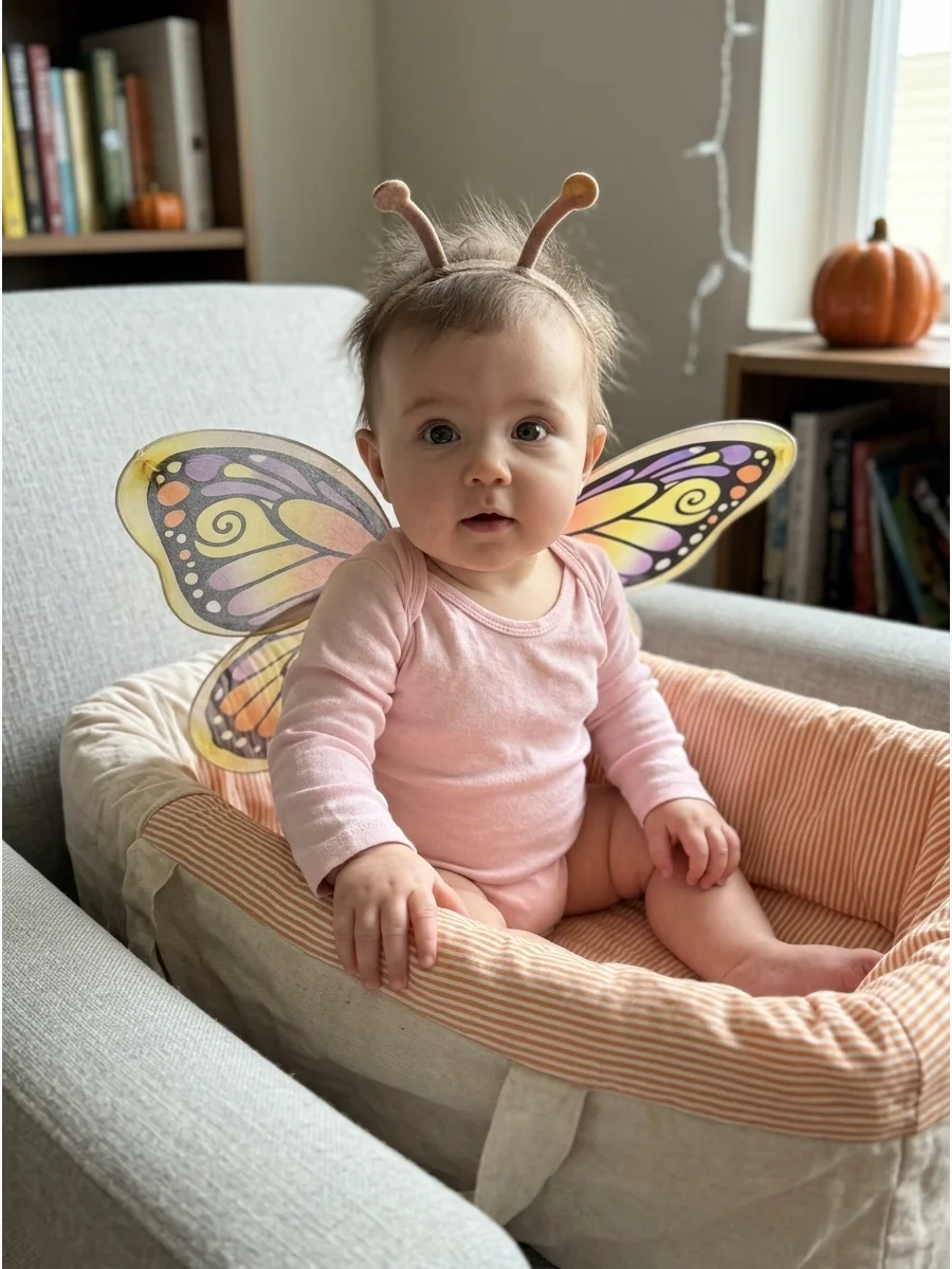 Baby Butterfly Costume. Choose a pastel bodysuit with lightweight fabric wings attached to the back. This costume is especially pretty for an indoor first-Halloween photo session.