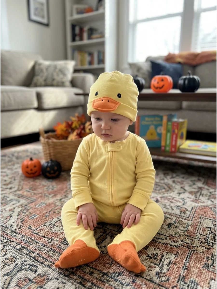 Little Duck Costume. Dress the baby in a yellow footed sleeper with an orange beak printed on a soft hat. Orange socks can create the appearance of tiny duck feet. Baby’s First Hal