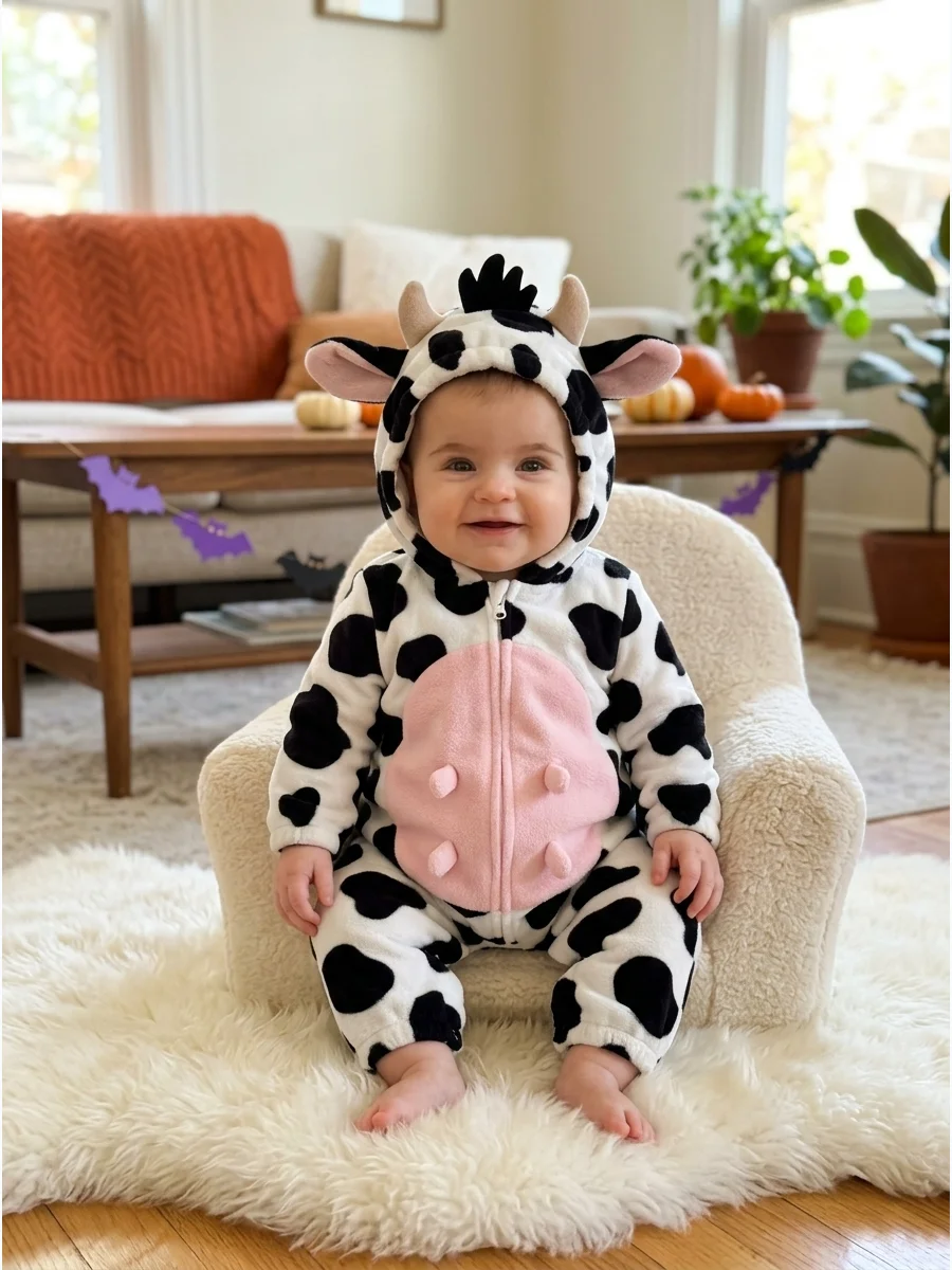 Baby Cow Costume. Use a black-and-white spotted romper with soft ears and a pink belly patch. This idea can also become part of a matching family farm costume. Baby’s First Hallowe