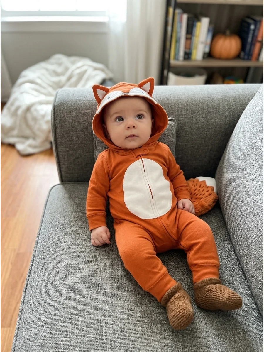 Tiny Fox Costume. Choose an orange sleeper with a white chest, pointed fabric ears, and a fluffy-looking printed tail. Brown leggings or booties can add contrast without making the