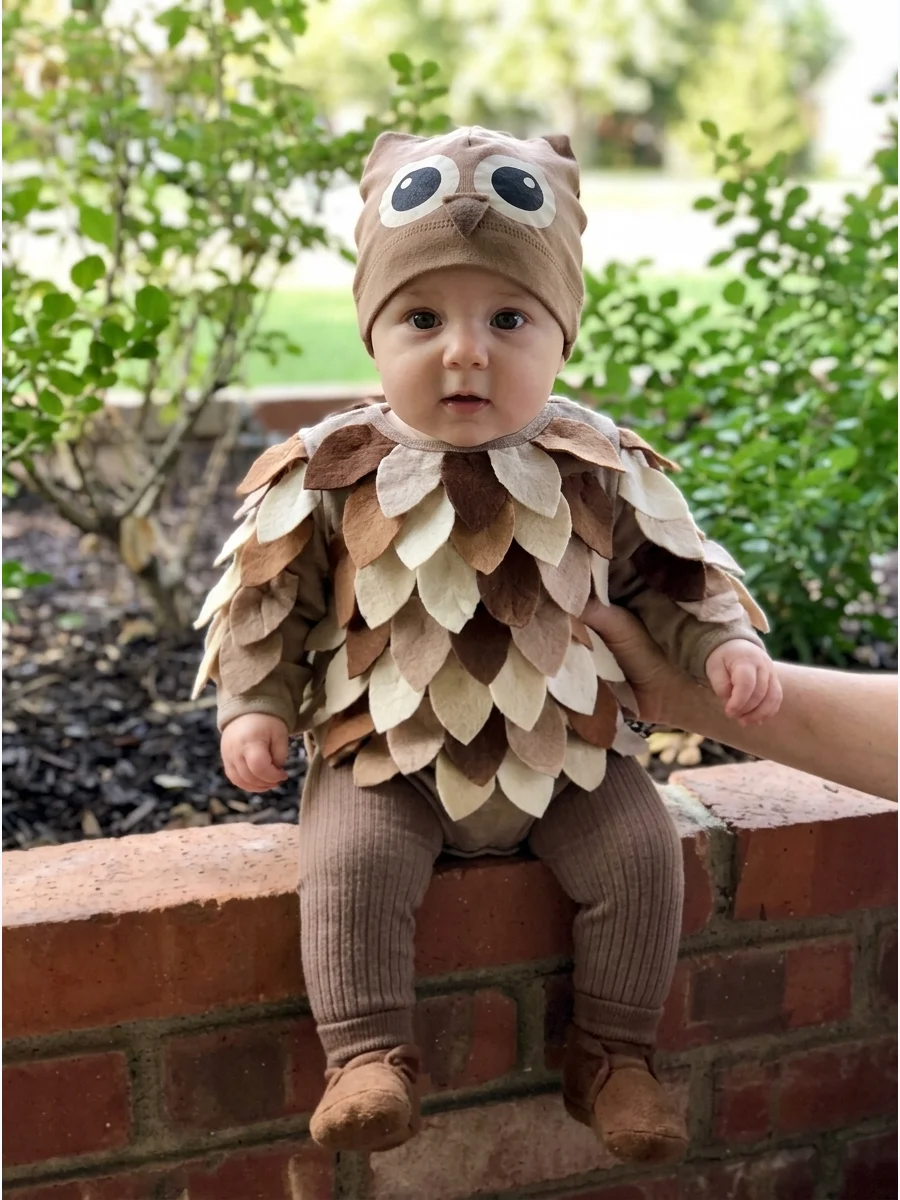 Baby Owl Costume. Layer soft brown, cream, and beige fabric feathers over a comfortable romper. Add a lightweight owl hat with large printed eyes rather than a face mask. Baby’s Fi