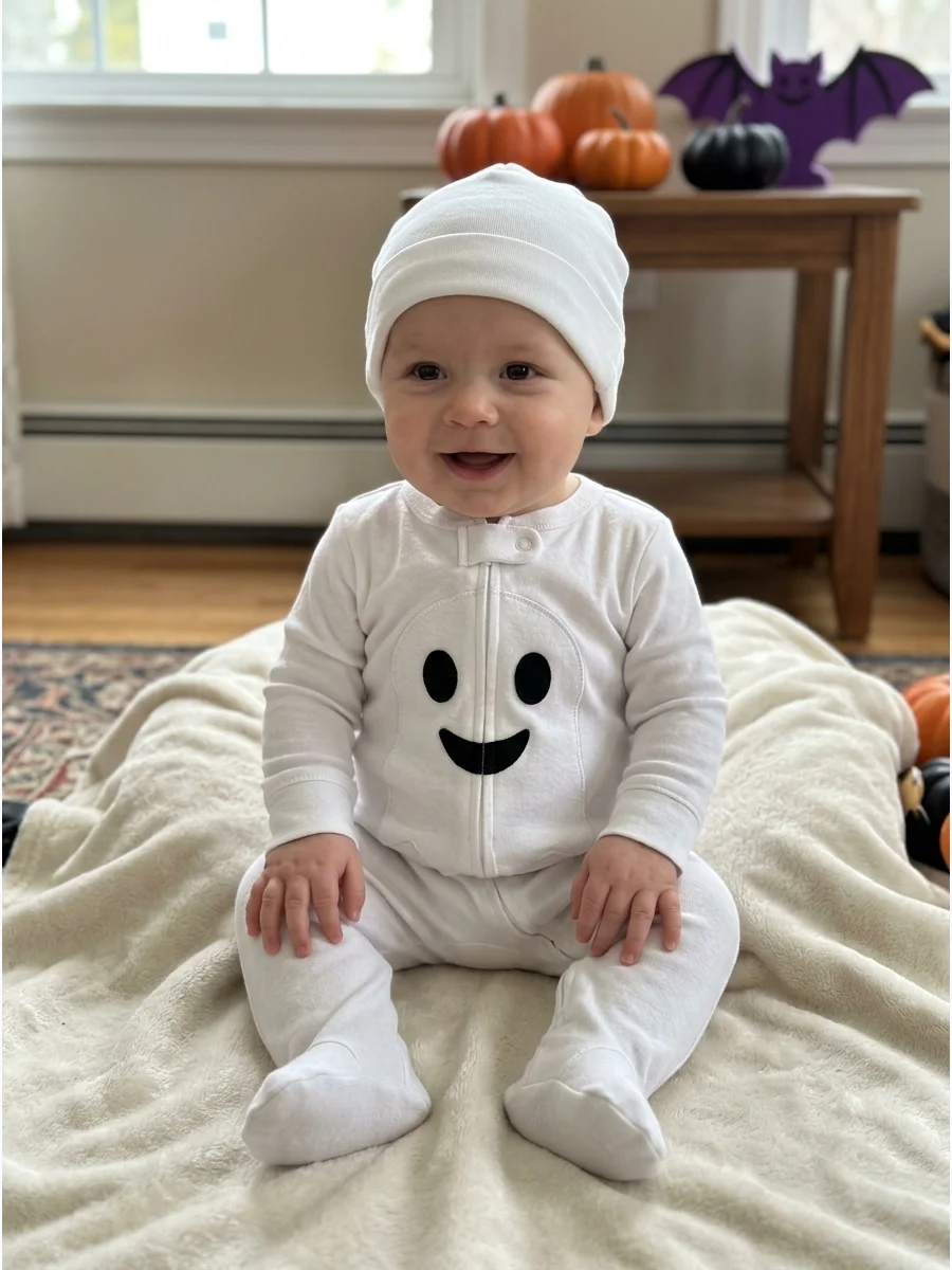 Friendly Ghost Costume. Use a white footed sleeper with a simple ghost face securely attached to the front. Avoid covering the baby’s head or face with fabric, and add a soft white
