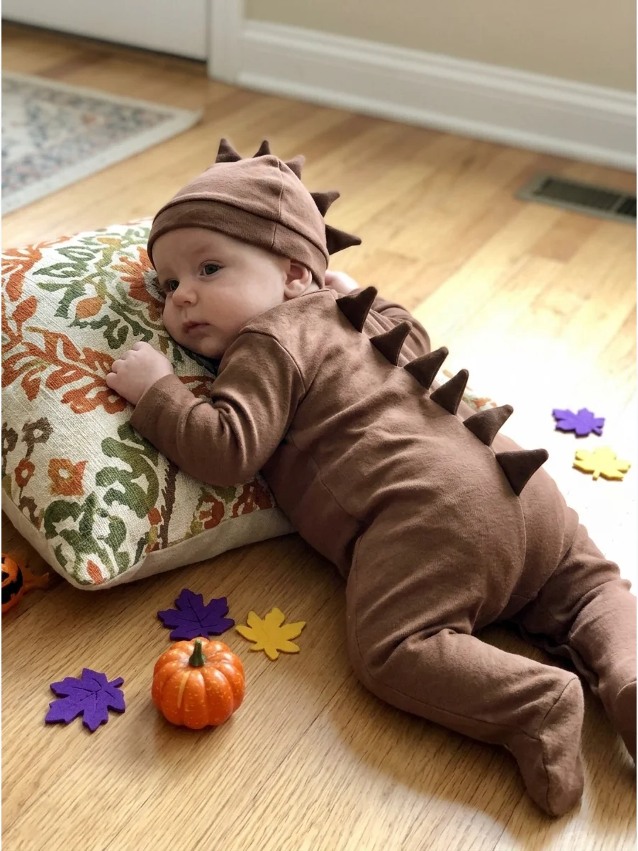 Little Hedgehog Costume. Dress the baby in a brown romper with soft fabric spikes attached across the back. Keep the spikes flexible so the baby can lie down or be carried comforta