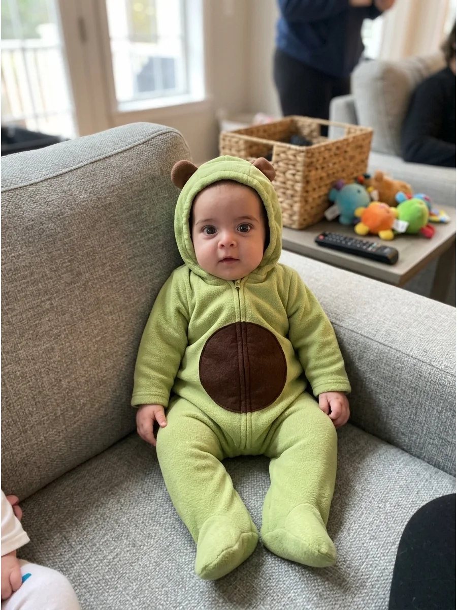 Baby Avocado Costume. Use a green bunting or sleeveless costume with a brown felt circle representing the avocado pit. This simple shape works well for babies who will spend most o