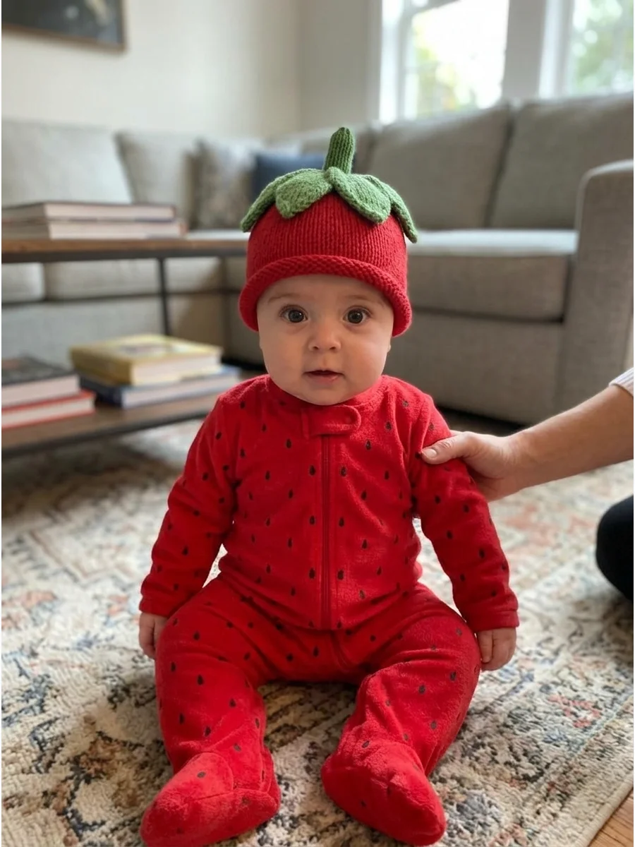 Little Strawberry Costume. Dress the baby in a red romper covered with small printed seeds and add a soft green leaf hat. The bright colors create an adorable first-Halloween photo