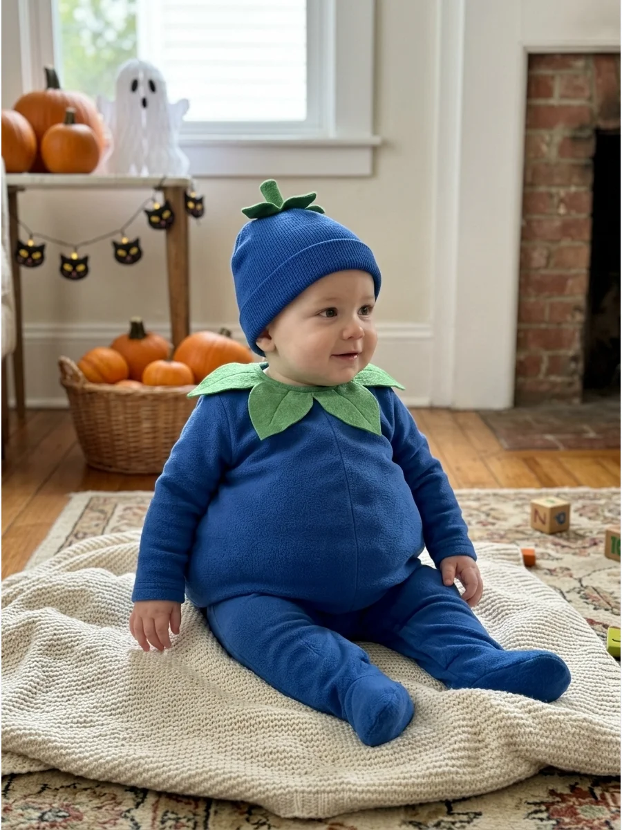 Baby Blueberry Costume. Choose a round blue romper with a soft green leaf collar. This less-common fruit costume is simple, colorful, and easy to recognize. Baby’s First Halloween