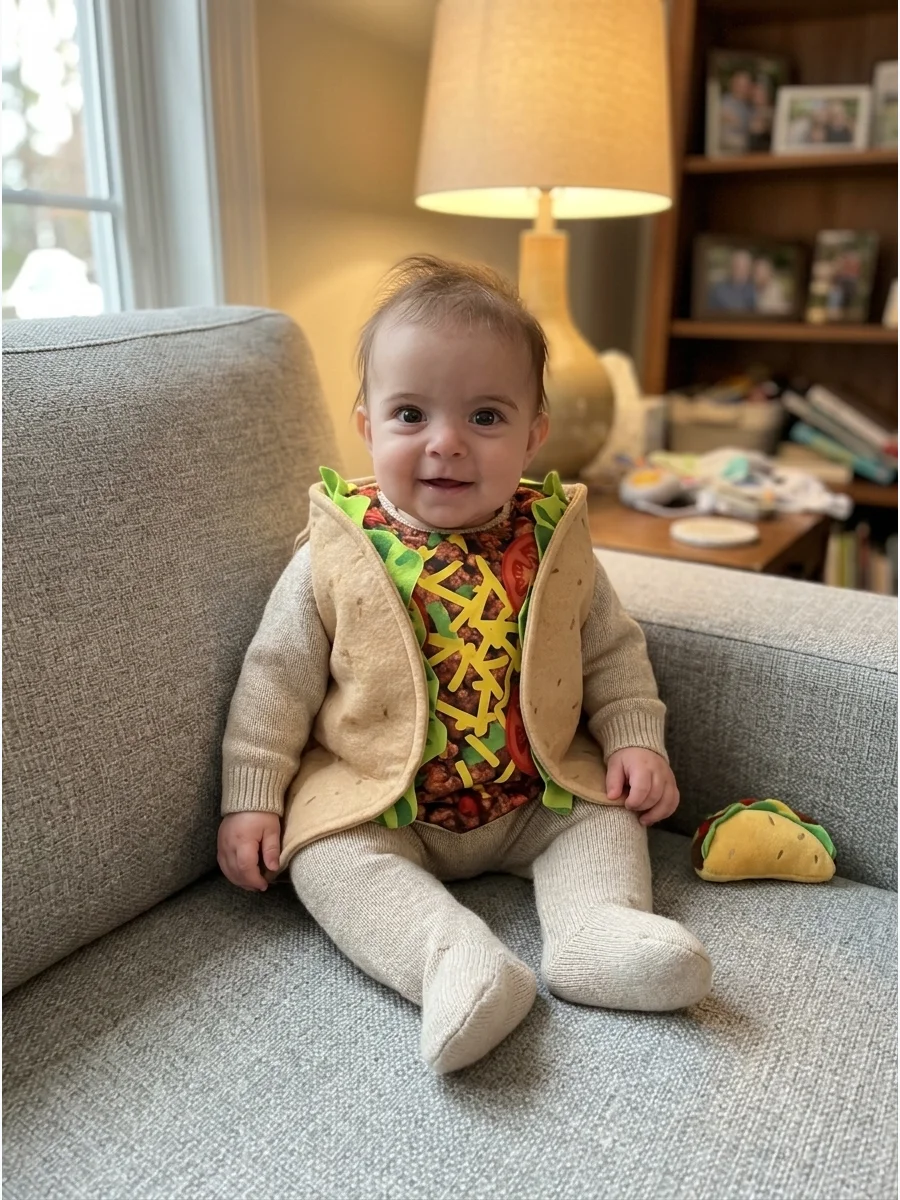 Tiny Taco Costume. Place a soft taco-shaped costume panel over a neutral-colored sleeper. Use lightweight printed toppings rather than loose three-dimensional decorations. Baby’s F