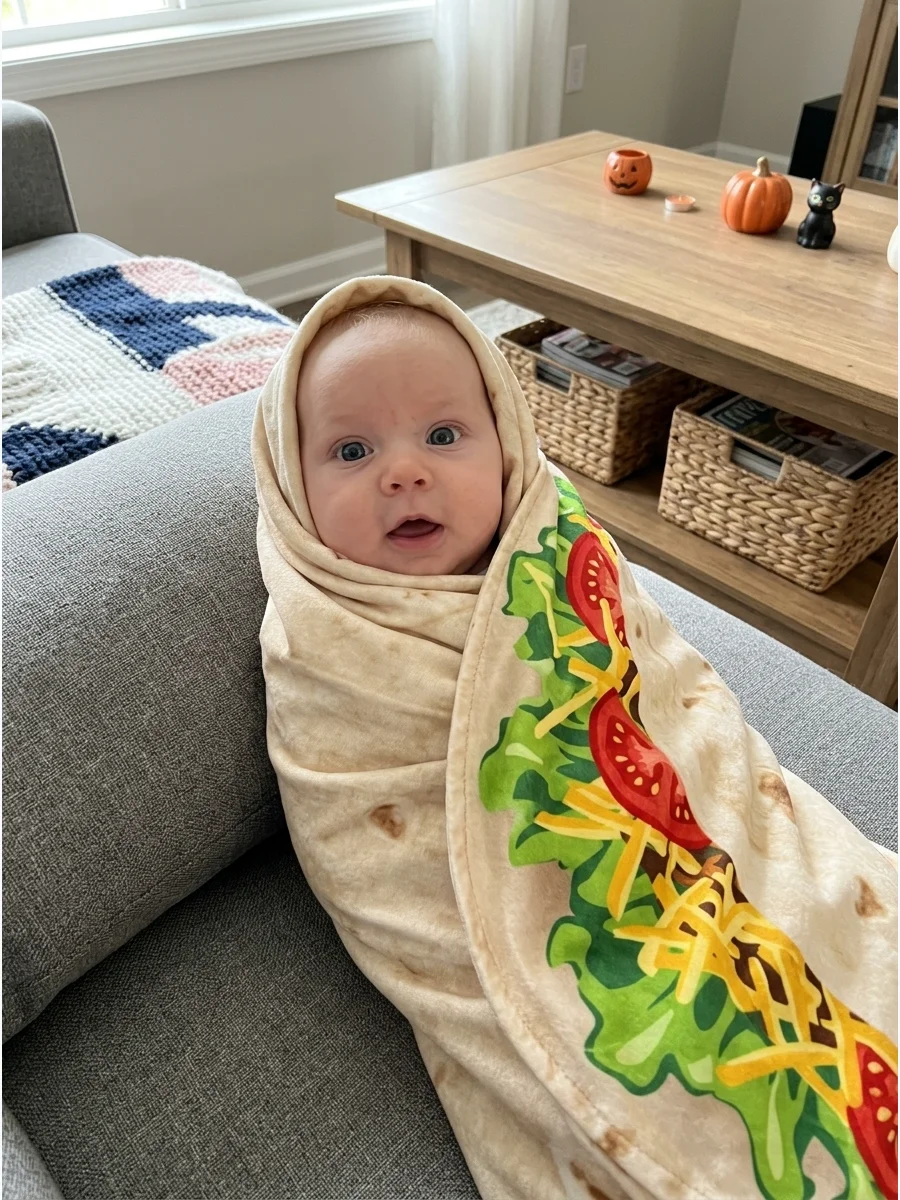 Baby Burrito Costume. Wrap a beige swaddle around the baby and add a blanket printed with lettuce, tomato, and cheese details. Use this costume only for supervised photos and keep
