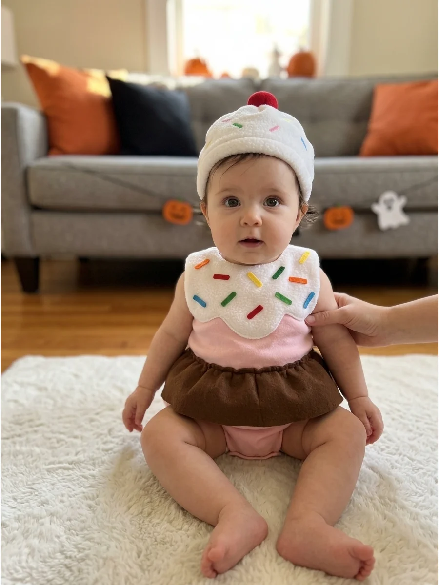 Little Cupcake Costume. Pair a pastel romper with a soft cupcake-wrapper skirt and frosting-inspired hat. Keep any decorative sprinkles flat and securely stitched to the fabric. Ba