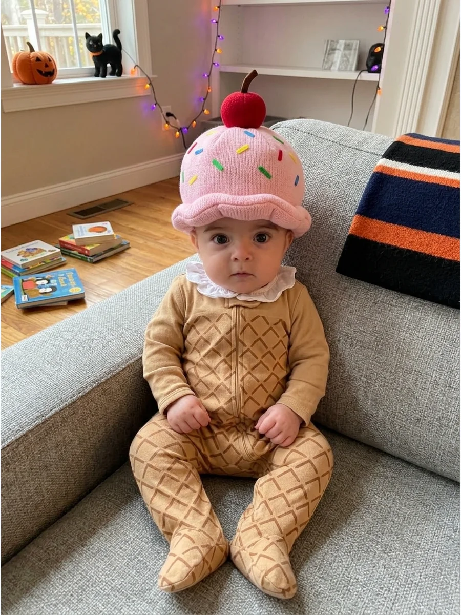 Baby Ice-Cream Cone Costume. Dress the baby in a tan cone-patterned sleeper with a pastel scoop-shaped hat. Add a fabric cherry on top for a playful finishing touch. Baby’s First H