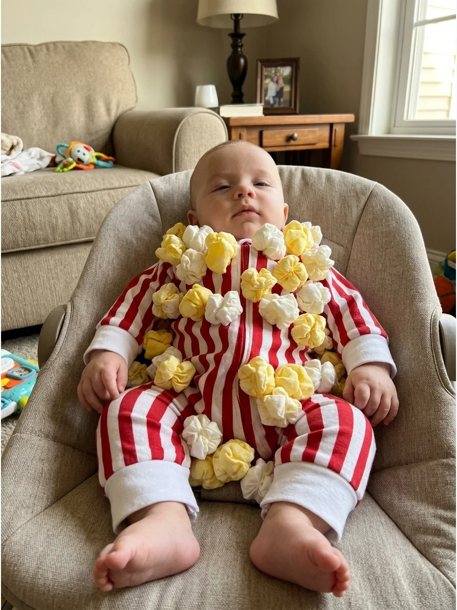 Tiny Popcorn Costume. Use a red-and-white striped bunting with soft white and yellow fabric puffs around the chest. Keep the decorative pieces away from the baby’s face and hands.