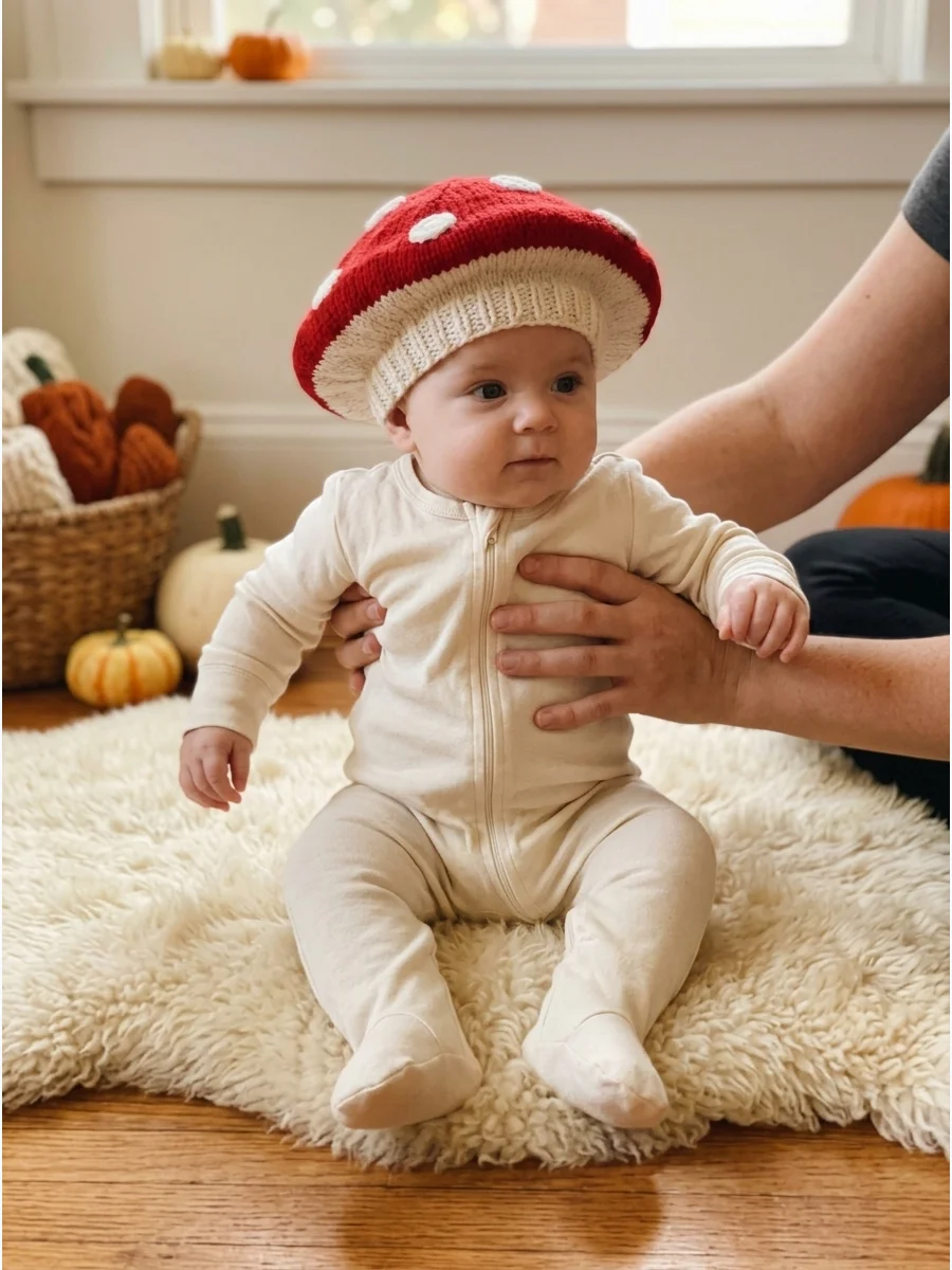Baby Mushroom Costume. Pair a cream-colored sleeper with a soft red-and-white mushroom hat. This woodland-inspired costume fits the whimsical nature themes that remain popular on P