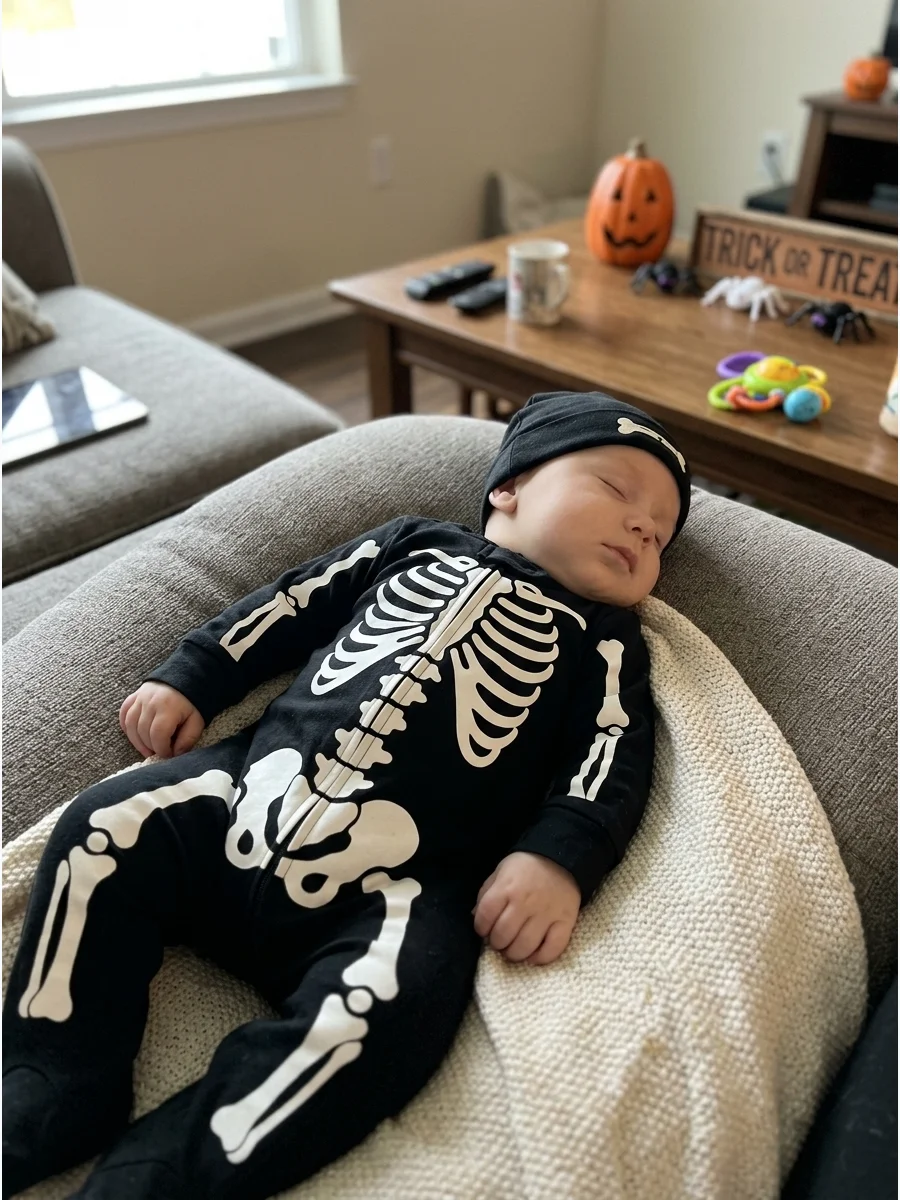 Baby Skeleton Costume. Choose a black cotton sleeper printed with white skeleton bones. This comfortable one-piece costume is easy to wear and can double as Halloween pajamas. Baby