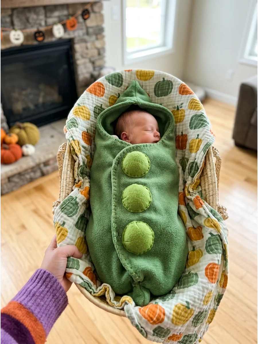 Little Pea Pod Costume. Choose a green bunting with several soft pea shapes sewn down the front. This costume is particularly suitable for newborn photos because it has a simple co