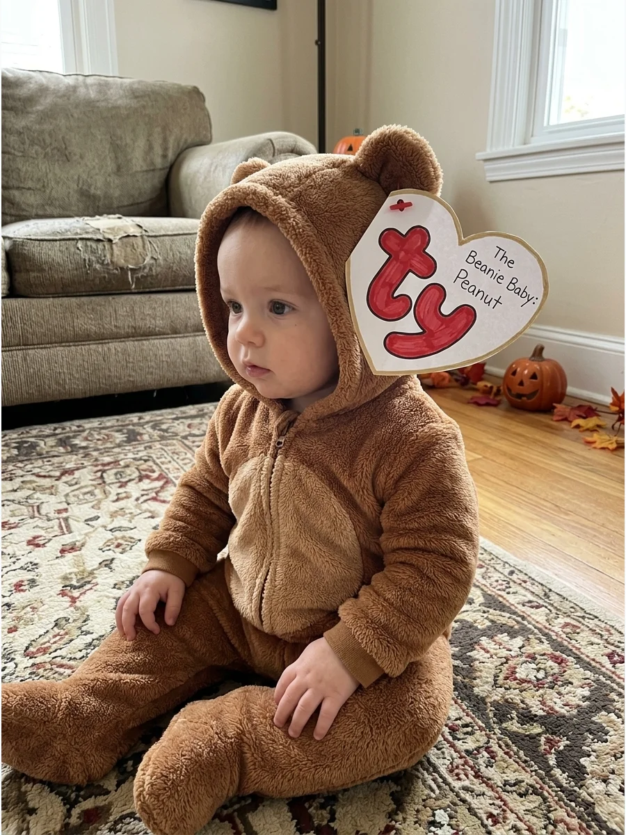 Beanie Baby Costume. Dress the baby in a comfortable animal onesie and attach an oversized heart-shaped paper tag for photos. Remove the tag when the baby is sleeping or unsupervis