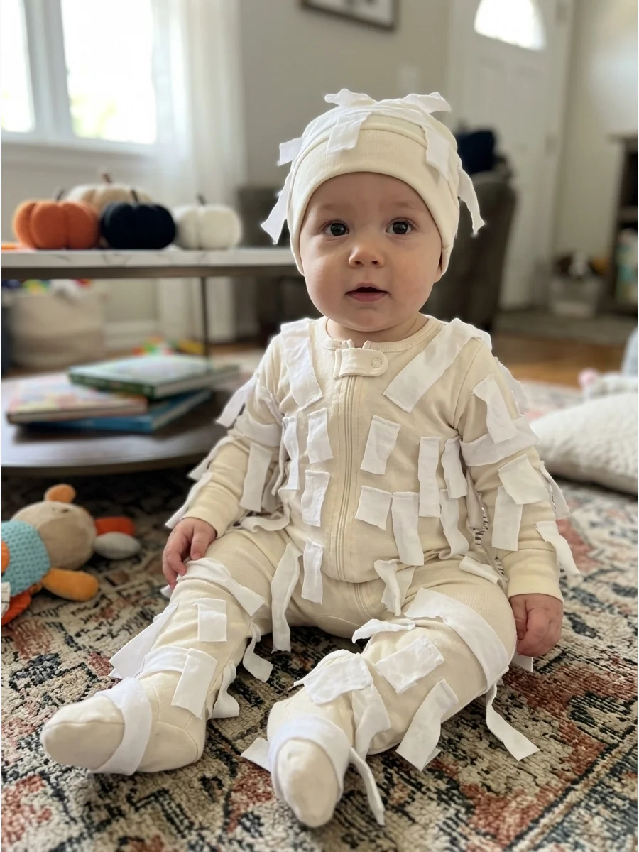 Baby Mummy Costume. Use a cream sleeper and attach short strips of soft white fabric across it. Secure every strip so nothing trails, wraps around the baby, or creates a choking ha