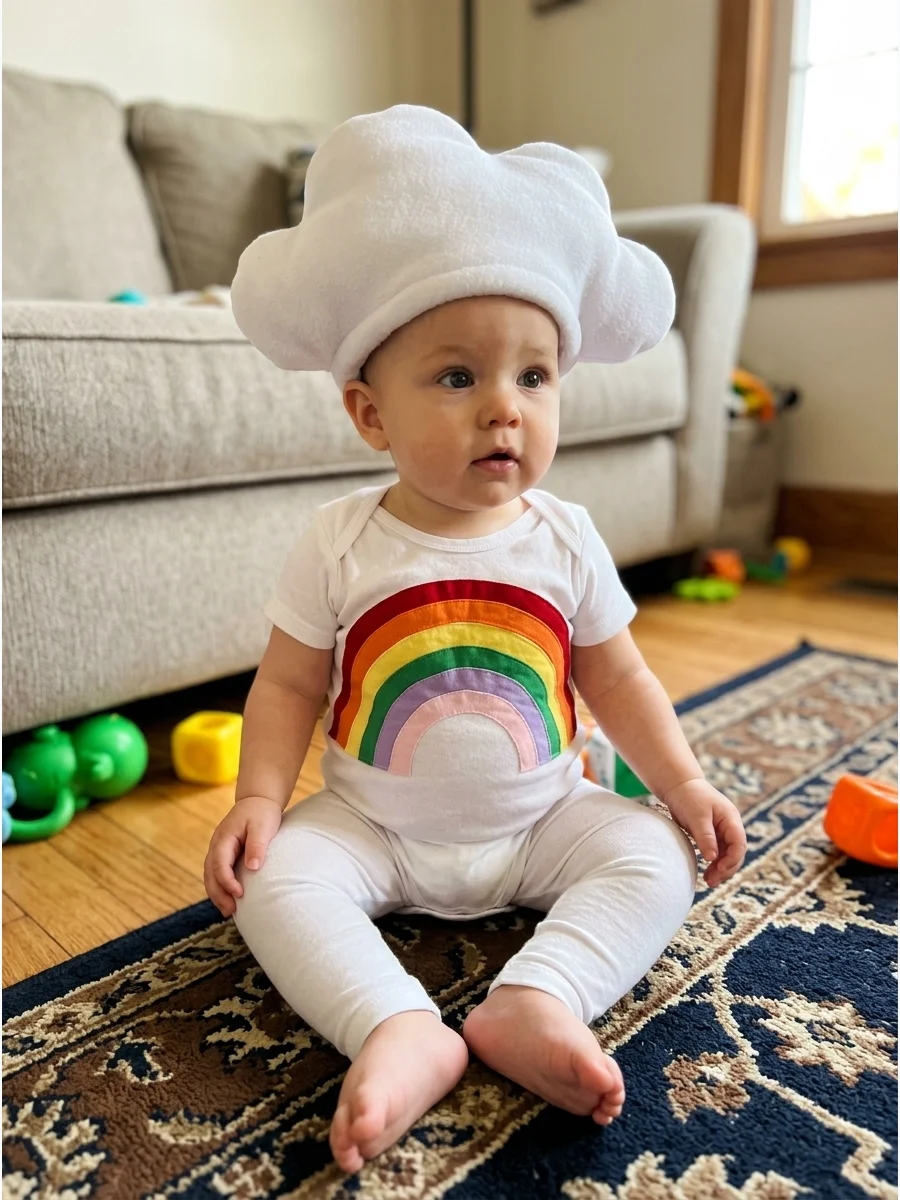 Baby Rainbow Costume. Create a rainbow across a white onesie using securely sewn strips of colorful fabric. Pair it with white leggings and a soft cloud-shaped hat. Baby’s First Ha