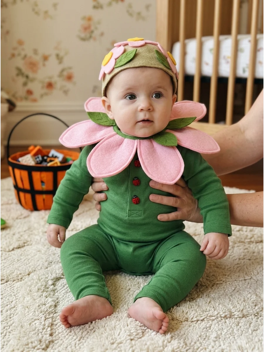 Tiny Flower Costume. Dress the baby in green and add a soft fabric petal collar around the shoulders. Use large flexible petals that remain away from the baby’s mouth and nose. Bab
