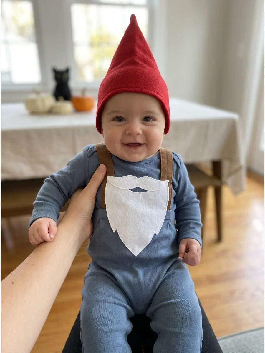 Baby Garden Gnome Costume. Pair a neutral romper with soft suspenders and a flexible red hat. Use a flat white beard detail on the clothing rather than placing loose material near