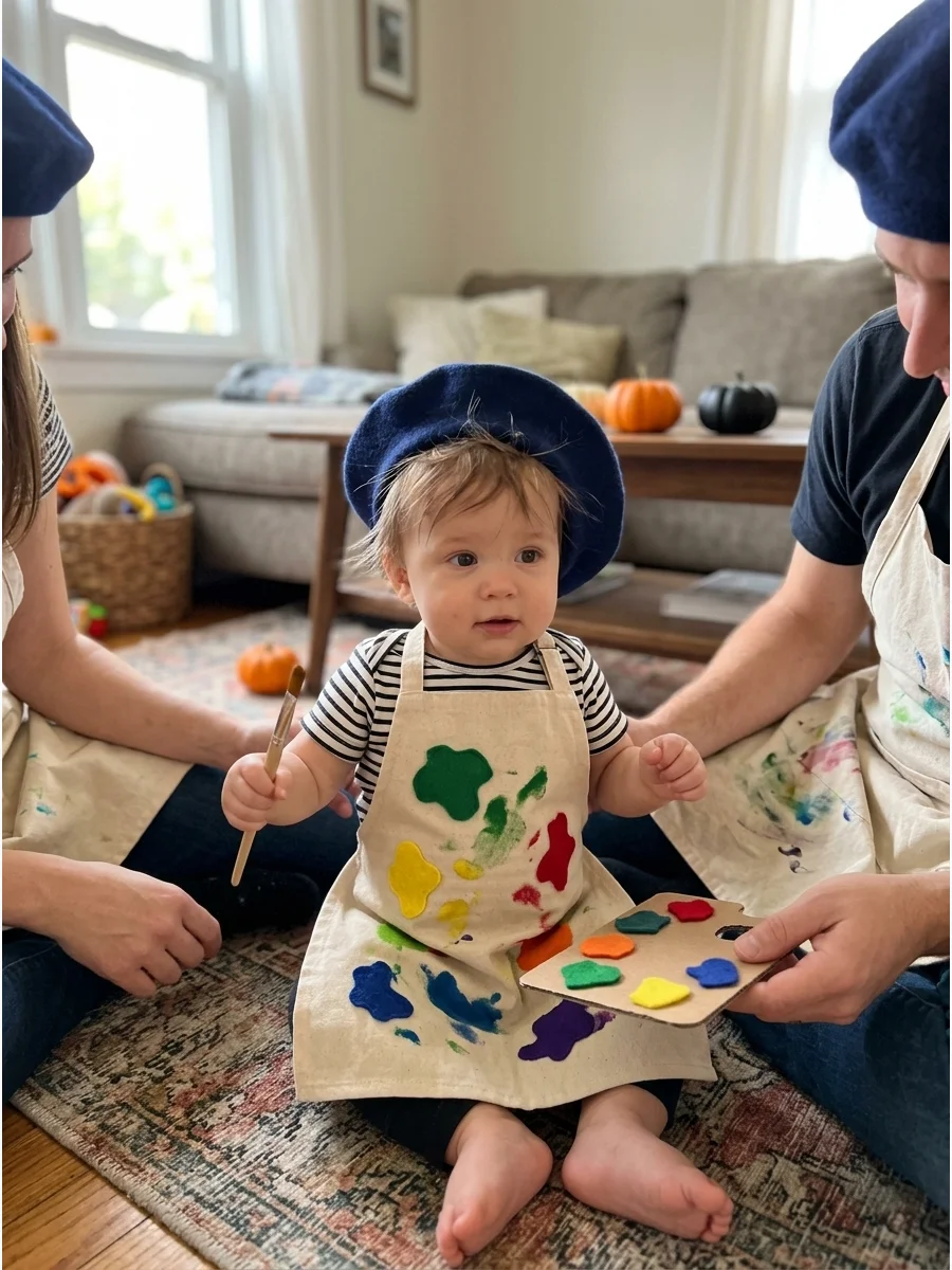 Little Artist Costume. Dress the baby in a striped shirt and attach colorful felt paint marks to a small apron. Add a soft beret for photos and let the parents dress as matching ar