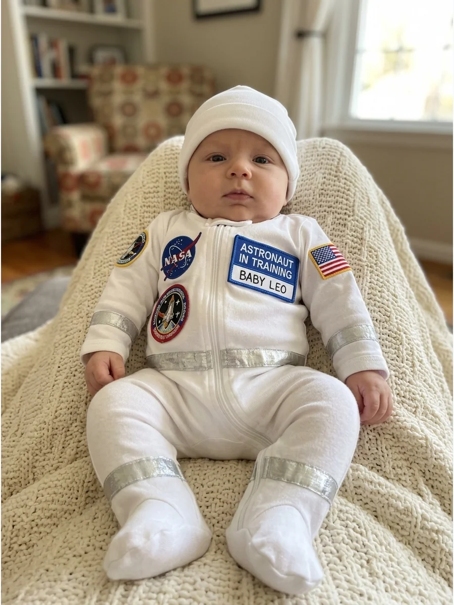 Baby Astronaut Costume. Turn a white footed sleeper into a space suit by adding fabric patches and silver details. Write the baby’s name on a removable mission badge for a personal