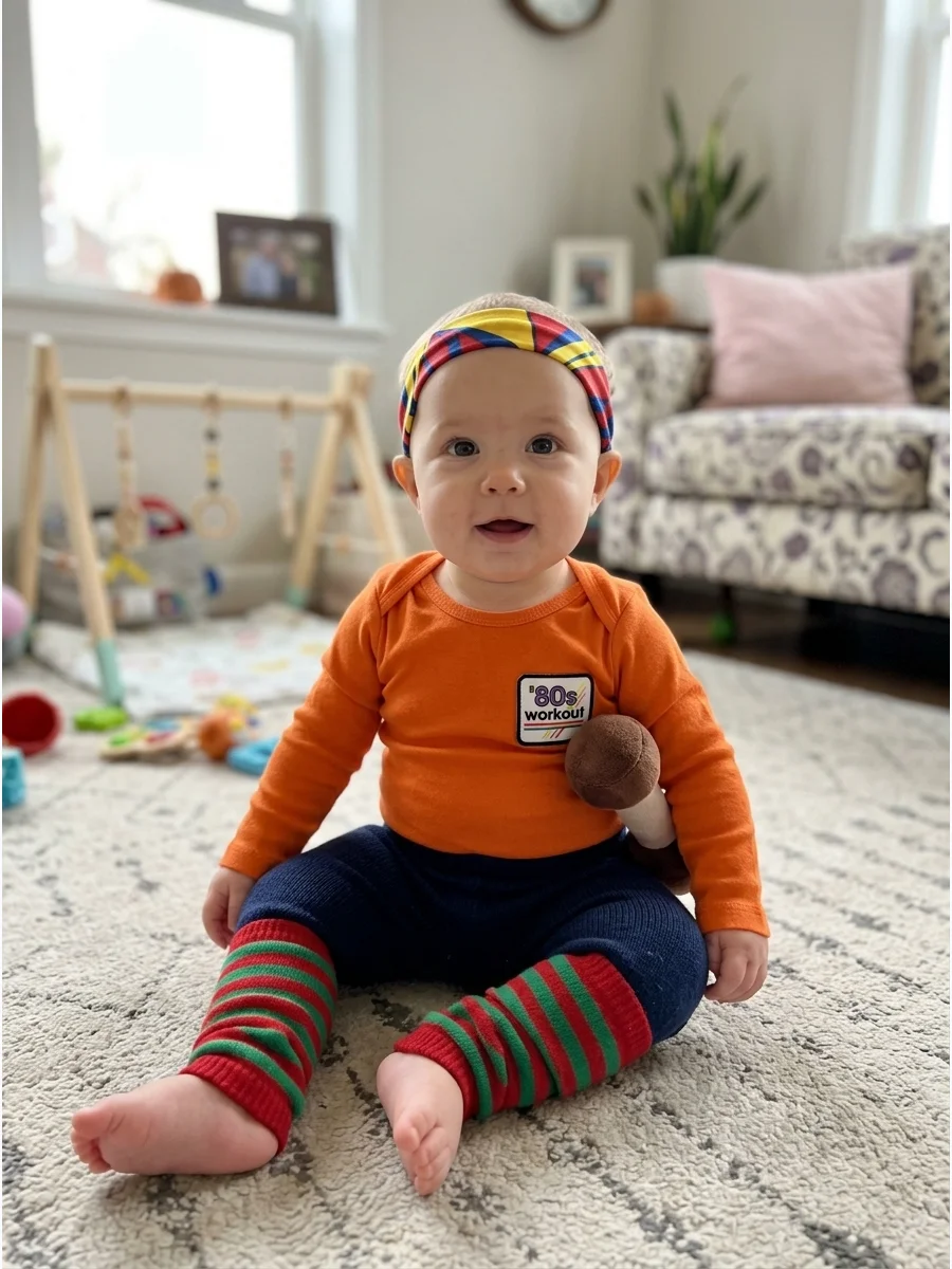 Tiny Workout Instructor Costume. Use a colorful bodysuit, soft leg warmers, and a fabric headband. This playful retro idea is easy to create from comfortable everyday baby clothing