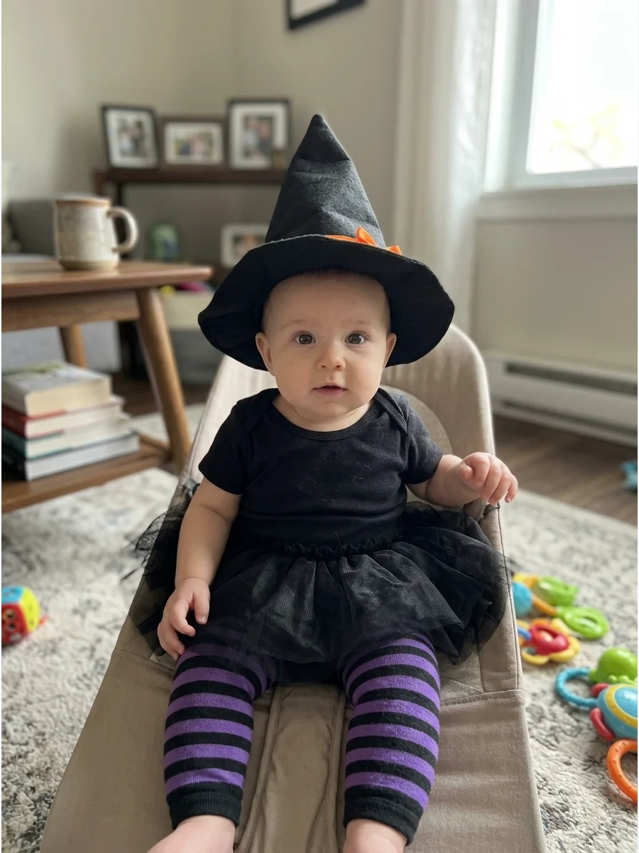 Tiny Witch Costume. Pair a black or purple romper with striped leggings and a soft fabric witch hat. Add a small tulle skirt for photos, making sure it does not feel scratchy again