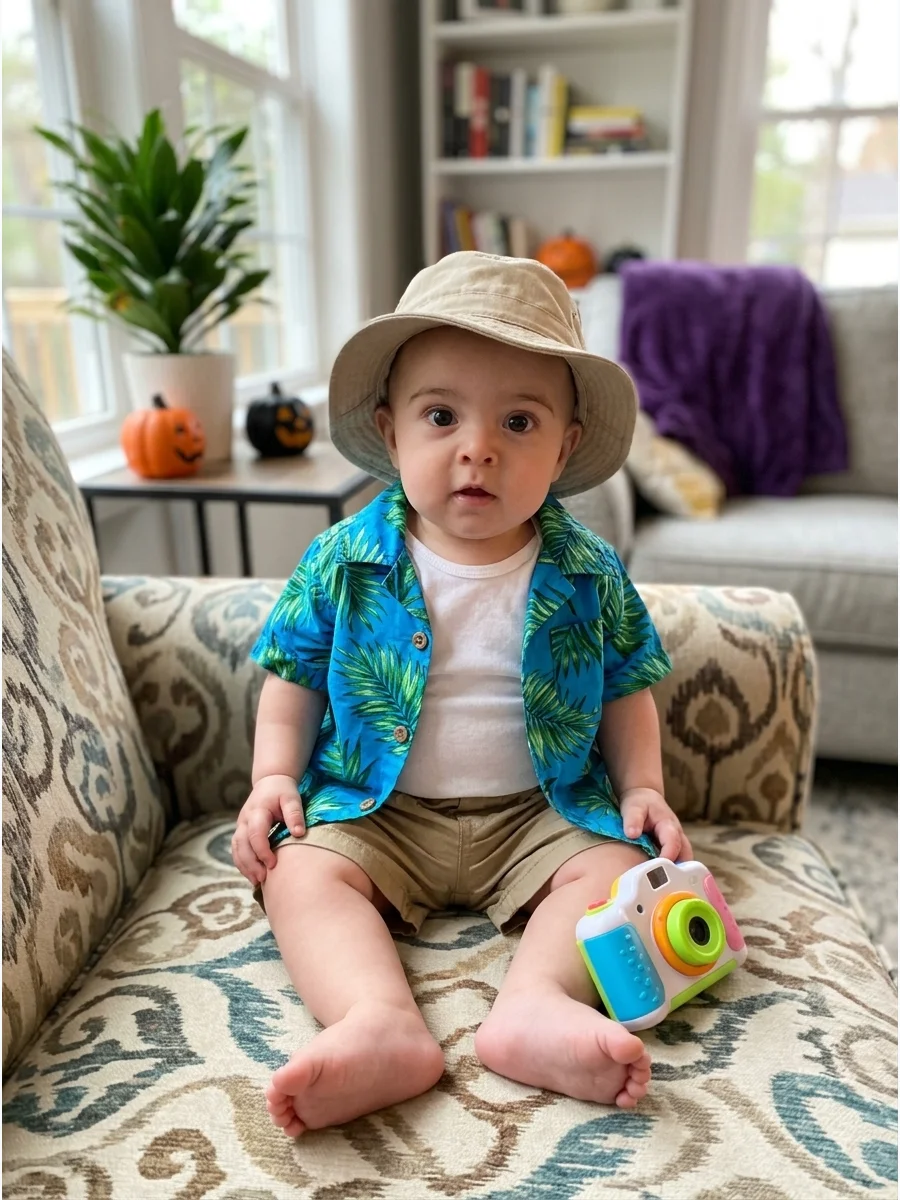 Baby Tourist Costume. Dress the baby in a bright shirt, comfortable shorts or pants, and a soft sun hat. Add a lightweight toy camera beside the baby for supervised photos rather t