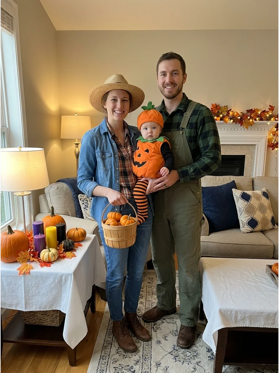 Pumpkin Patch Family Costume. Dress the baby as a pumpkin while the parents wear farmer or gardener outfits. Carry a small basket or stand near decorative pumpkins to create an eas
