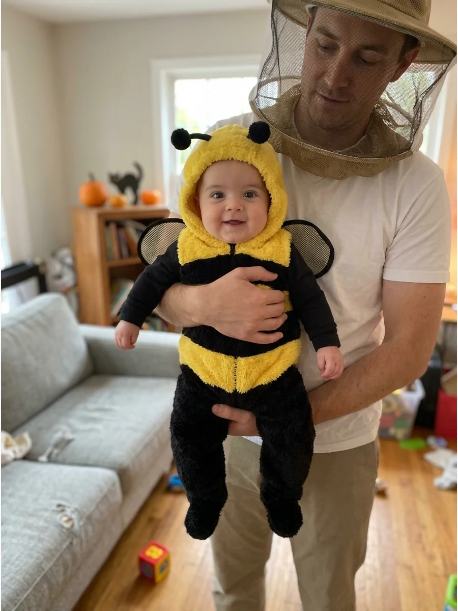 Baby Bee and Beekeeper Costume. Dress the baby as a bumblebee while one or both parents wear simple beekeeper-inspired clothing. White shirts, neutral pants, and mesh-style hats ca