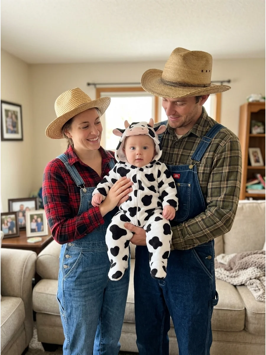 Baby Cow and Farmer Parents. Choose a spotted cow romper for the baby and dress the parents in overalls, plaid shirts, and straw hats. This comfortable family theme is recognizable