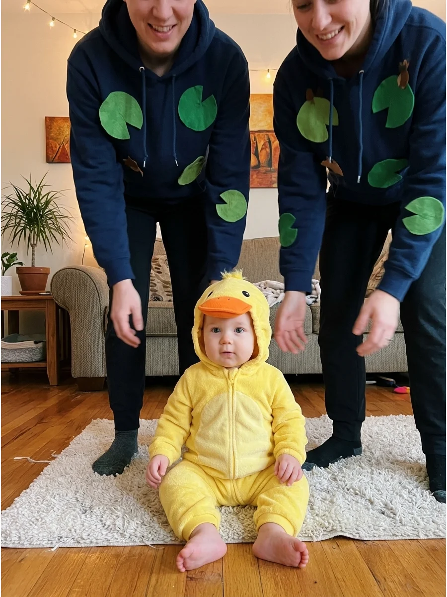 Baby Duck and Pond Costume. Dress the baby as a yellow duck while the parents wear blue clothing representing a pond. Add removable felt lily pads to the adults’ outfits for a crea