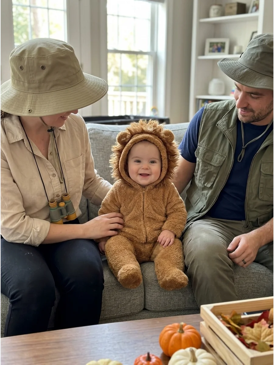 Little Lion and Safari Guides. Use a soft lion romper for the baby and neutral safari-inspired clothing for the parents. Toy binoculars and wide-brim hats can help complete the fam